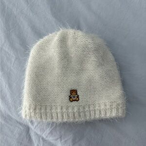 Teddy Fresh White Fuzzy Knit Beanie with Teddy Patch